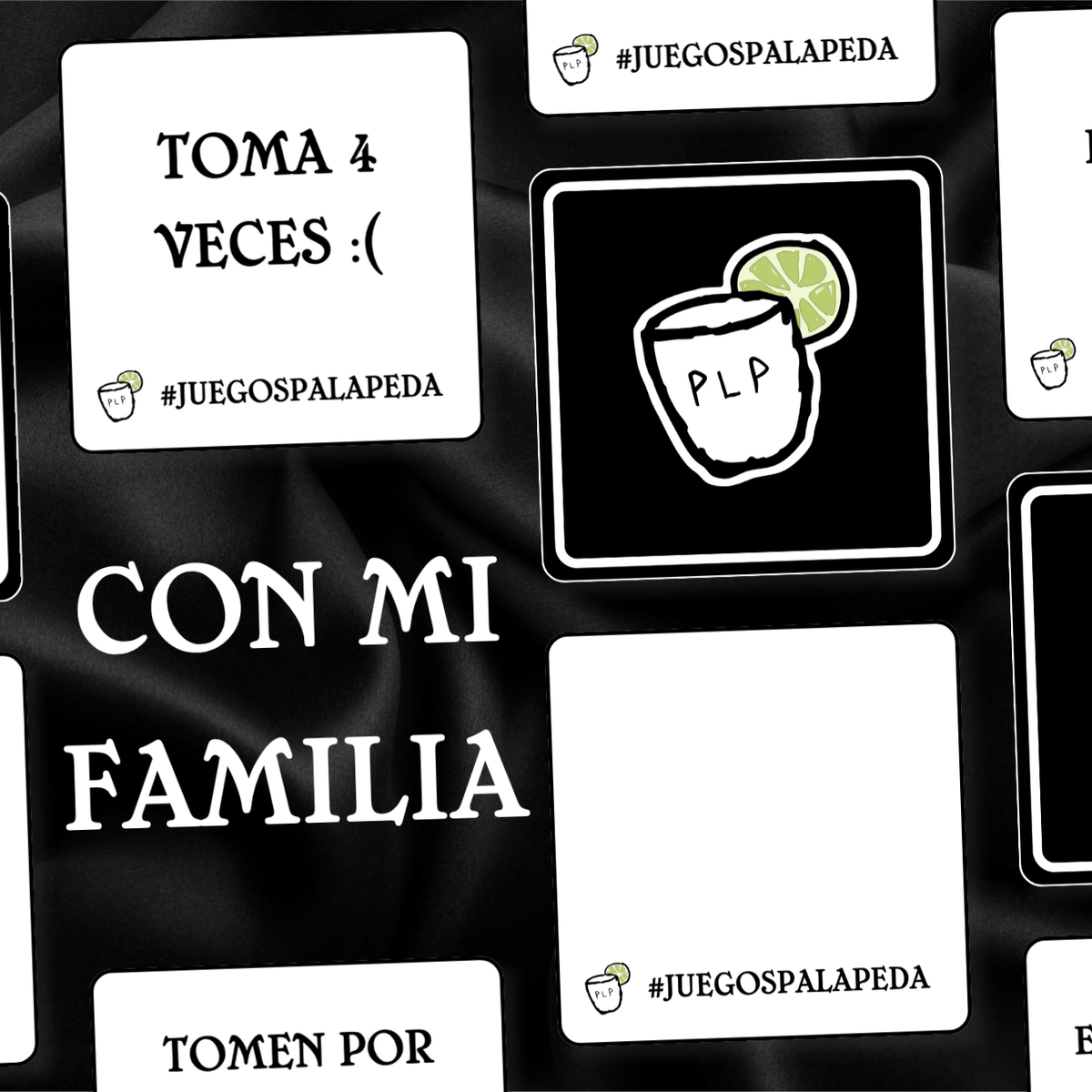 Playing cards with a paloma drink illustration and text on a black background