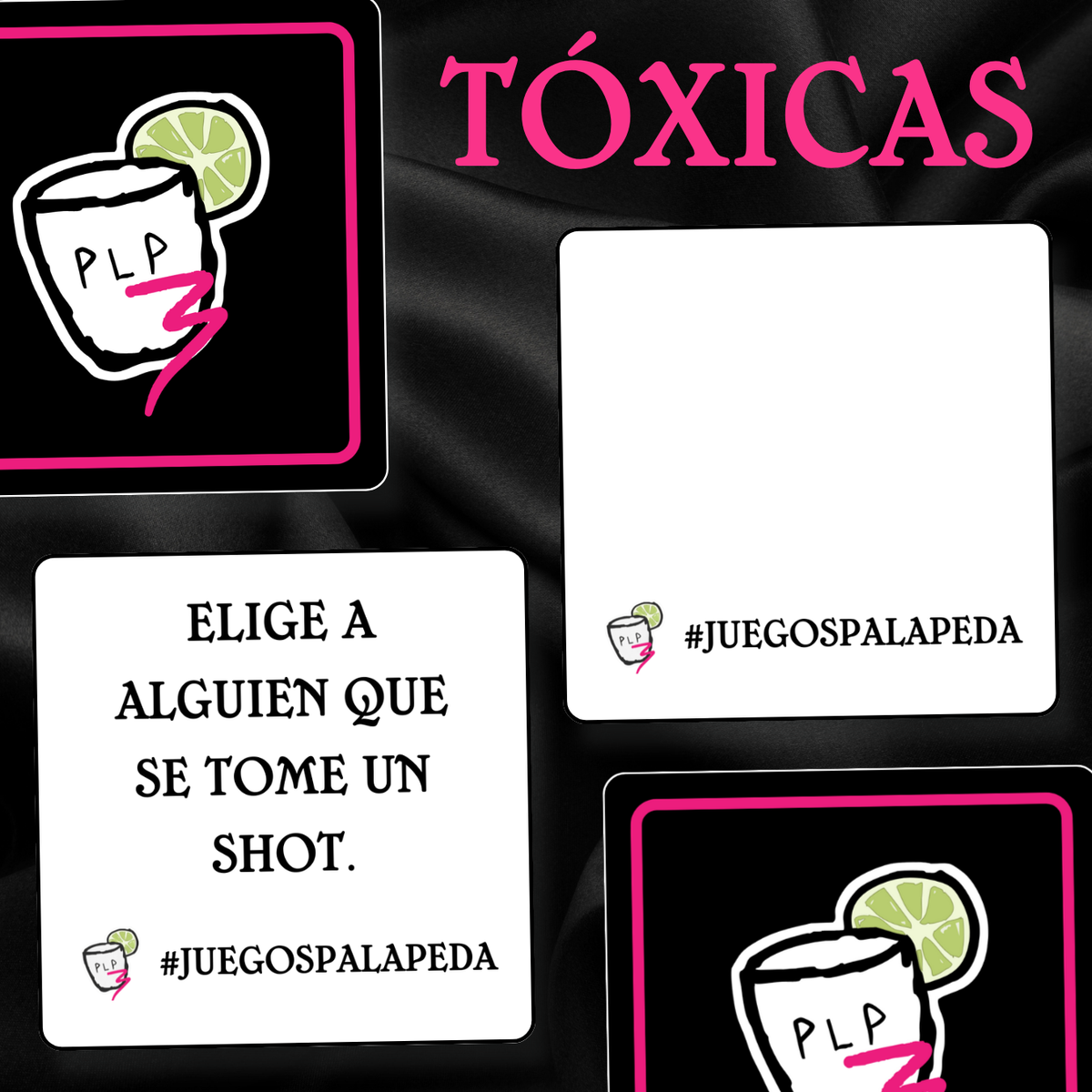 Playing cards with 'Tóxicas' and 'PLP' branding on a dark background
