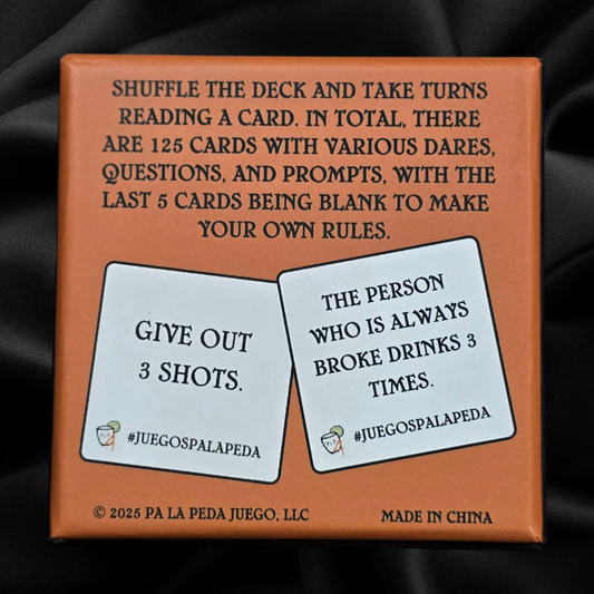 Card game packaging with text and two cards showing examples of dares.