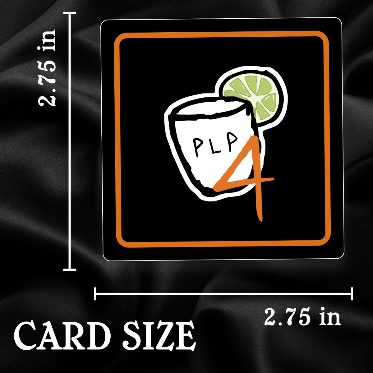 Card size measurement with a cocktail graphic and 'PLP4' branding on a black background