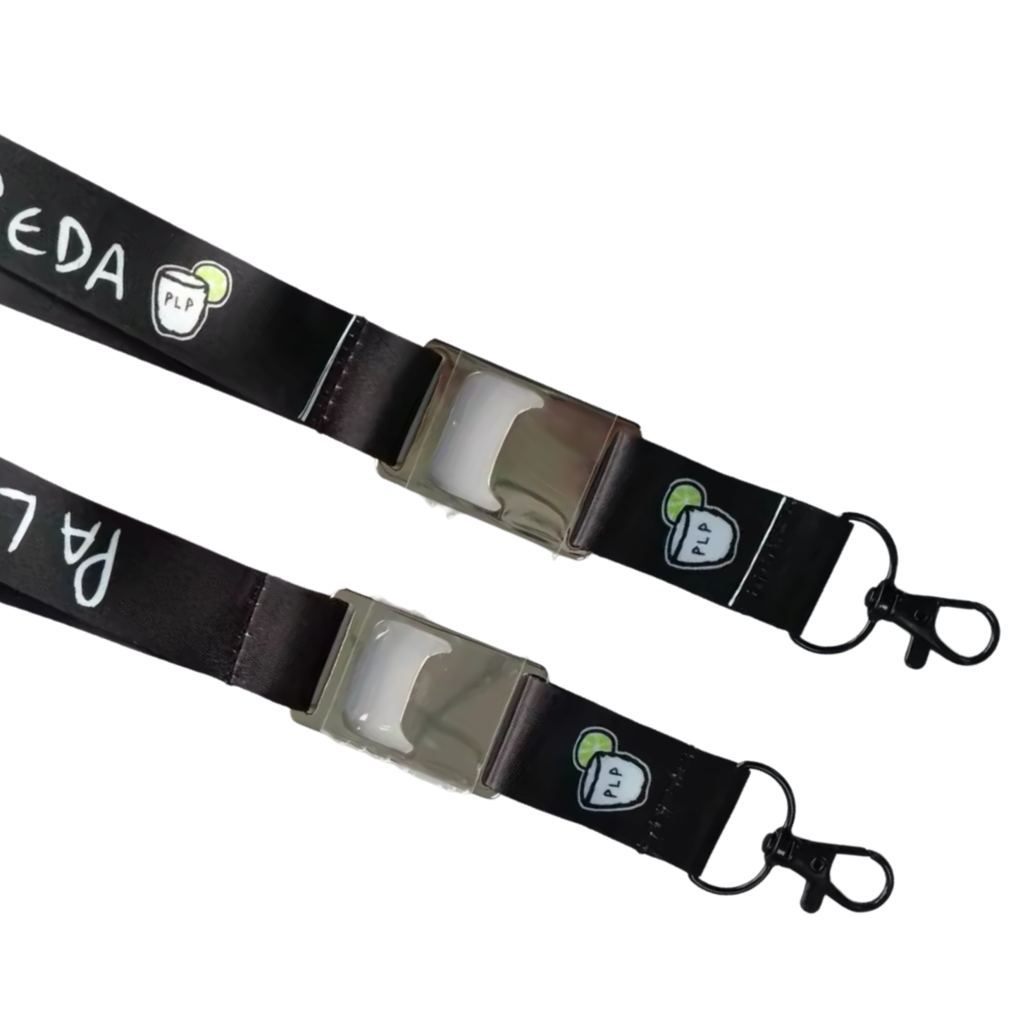 Two black lanyards with camouflage buckles on a white background