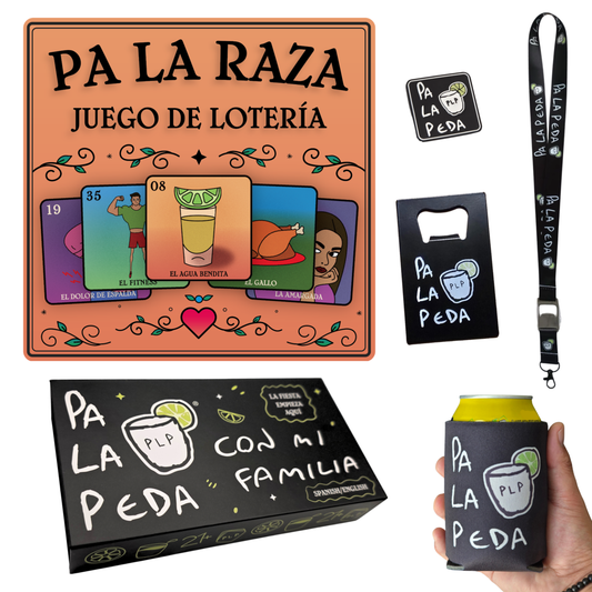 DELUXE BUNDLE PA LA PEDA CON MI FAMILIA, PA LA RAZA JUEGO DE LOTERIA, MINI MERCH SET