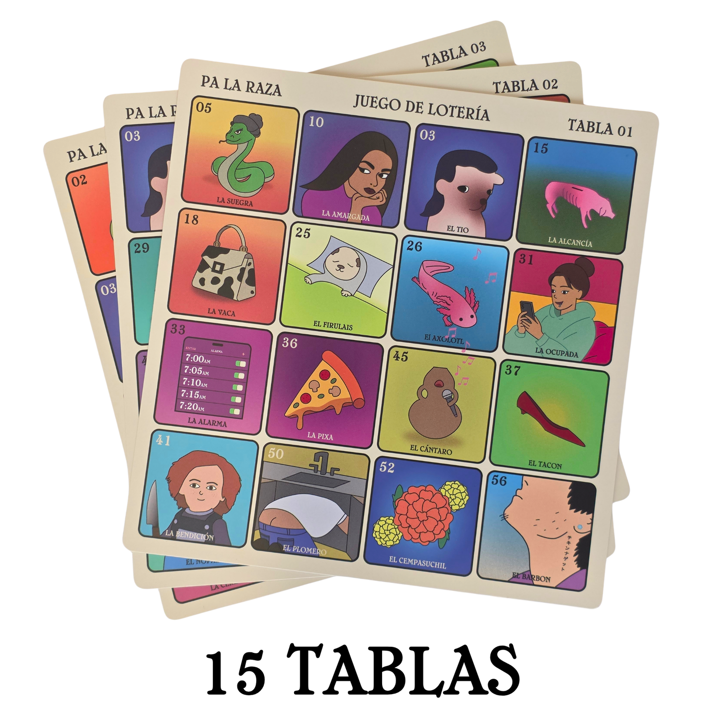 Pa La Raza Juego de Loteria Mexican Bingo for 15 Players, 15 Boards, Full Deck of Cards
