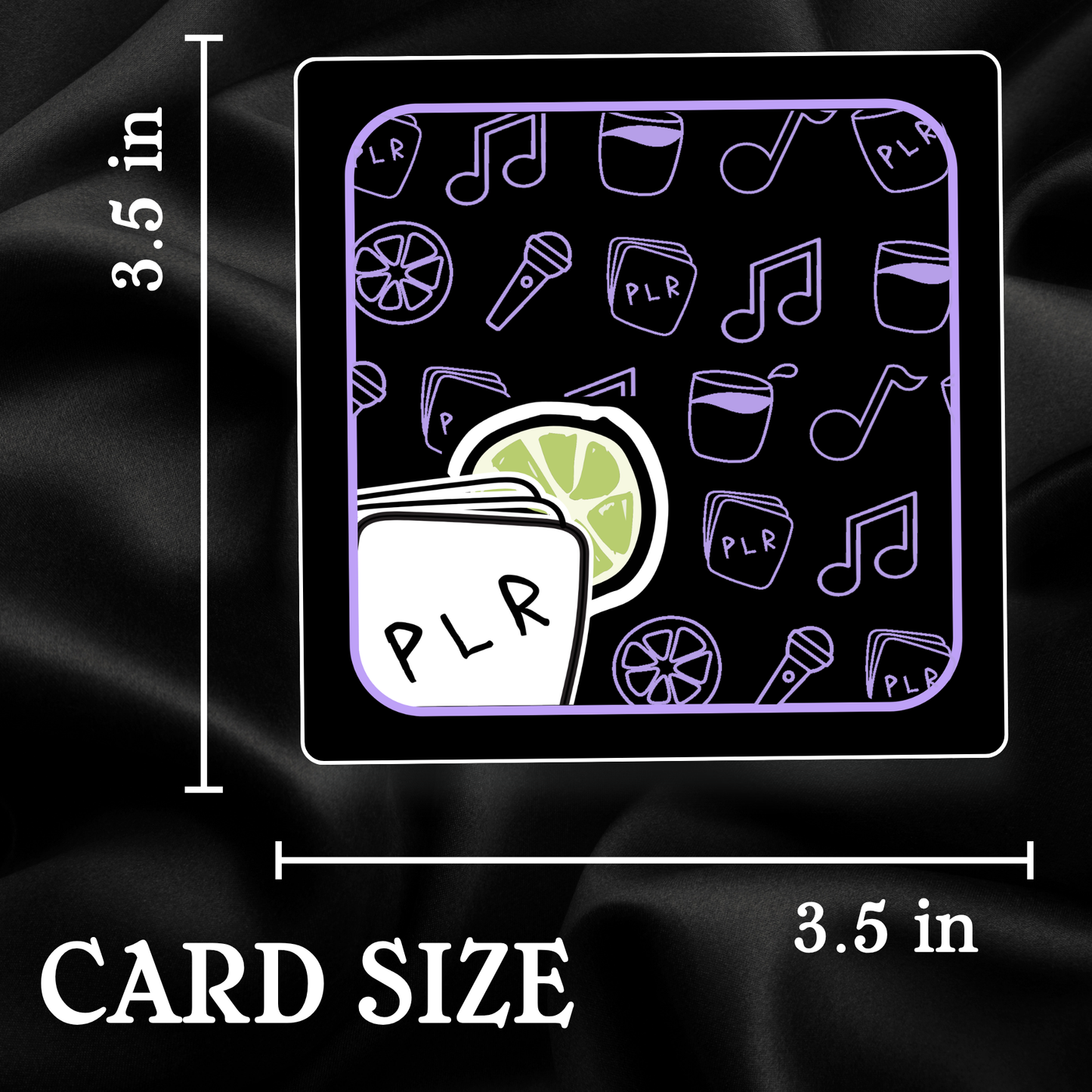 Card size measurement with a drink graphic and 'PLR' branding on a black background