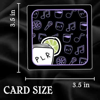 Card size measurement with a drink graphic and 'PLR' branding on a black background