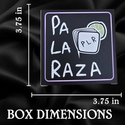  'Pala Raza' front box design, text and box dimensions on a black background