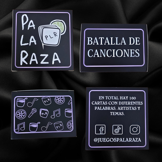 Box design of card game with text and music note graphics on a black background