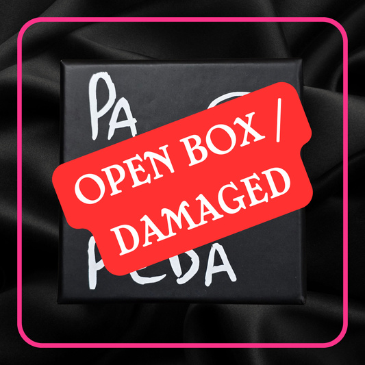 Black box with 'Open Box | Damaged' label on a black background
