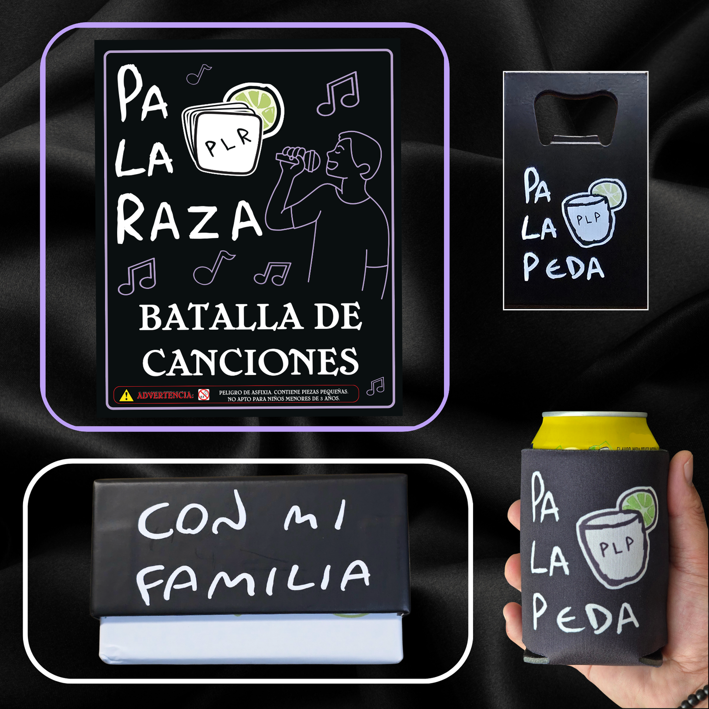 Collection of 'Pa La Raza' branded items including a sign, bottle opener, and can cooler on a dark background.