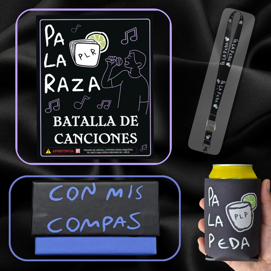 Collection of 'Pa La Raza' branded items including a sign, can cooler, and small box on a dark background.