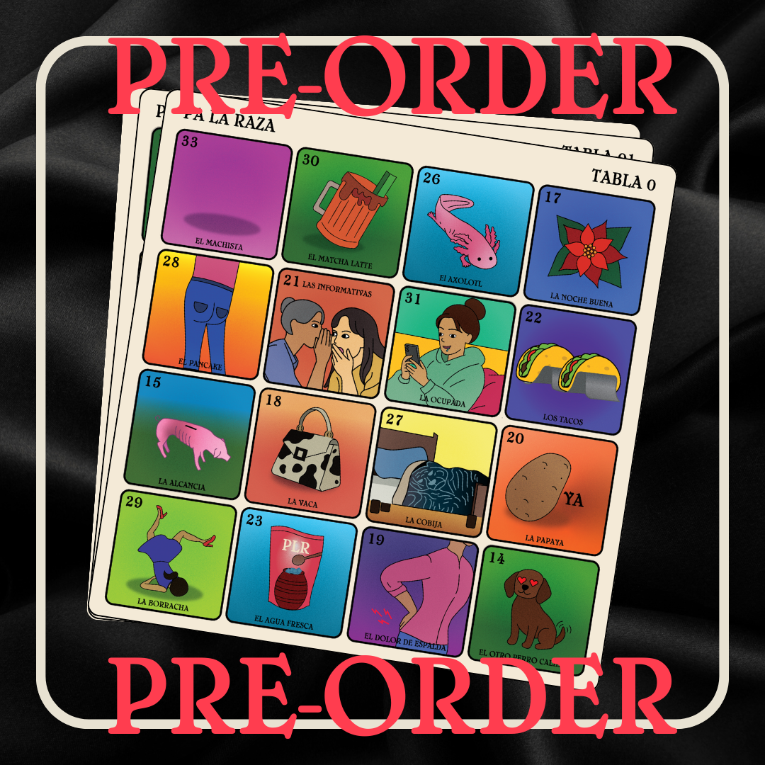 Colorful card game board with images and text, framed by 'PRE-ORDER' text on a black background.