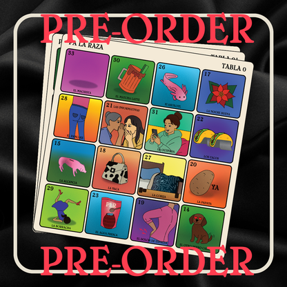 Colorful card game board with images and text, framed by 'PRE-ORDER' text on a black background.