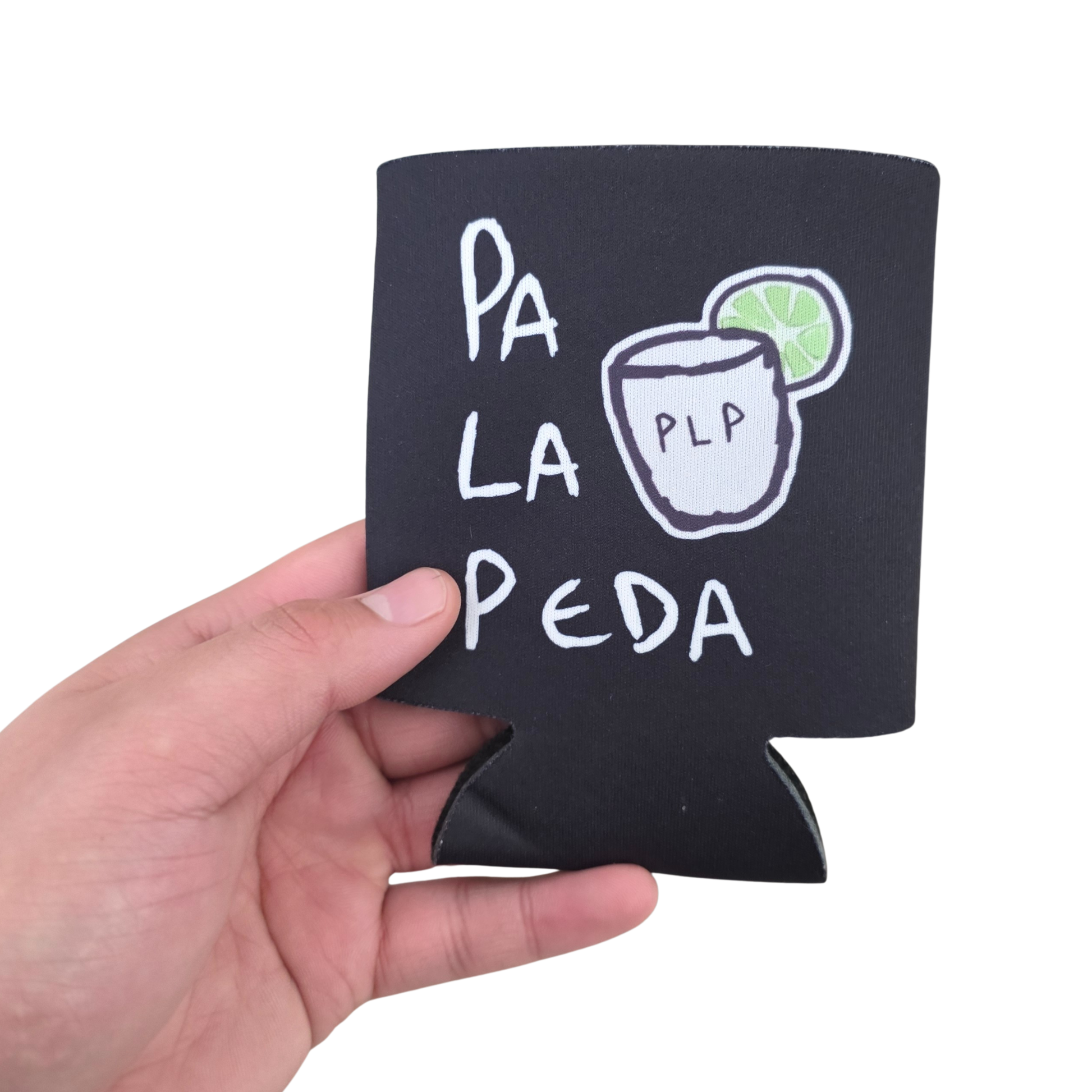Black can cooler with 'Pa La Peda' text and logo held by a hand on a white background