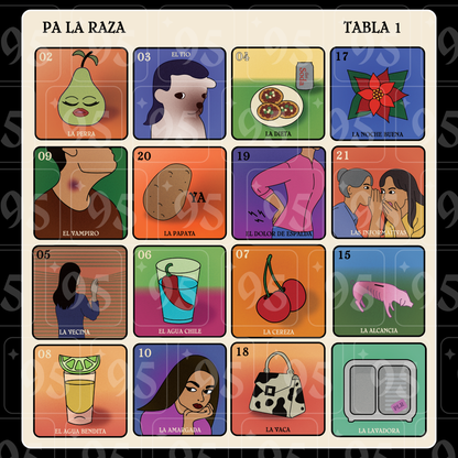 Colorful card game board titled 'Pa La Raza' with various illustrations and text.
