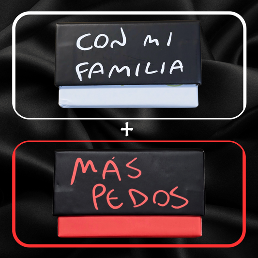 Two black game boxes with text on a dark background
