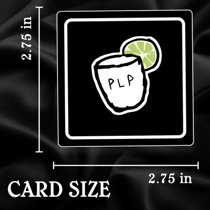 Card size measurement with a tequila shot glass and lime illustration on a black background