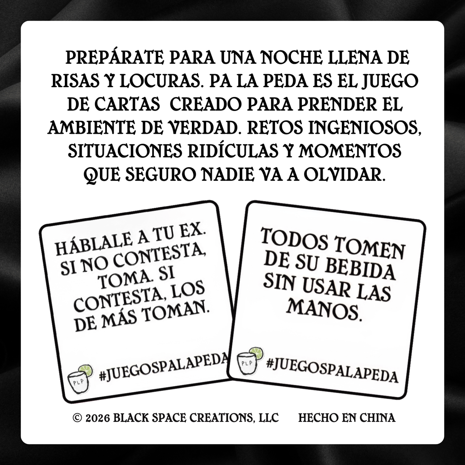 Promotional graphic for a card game with humorous text on playing cards, featuring Black Space Creations branding.