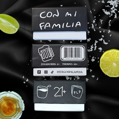 Three black boxes with white text and graphics on a dark background with limes and a drink.
