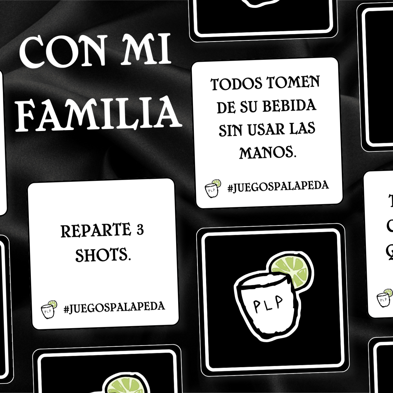 Black and white playing cards with text and graphics on a black background
