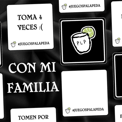 Playing cards with a paloma drink illustration and text on a black background