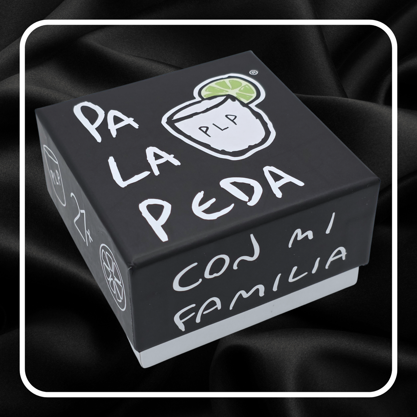 Black box with white text and a logo on a black background