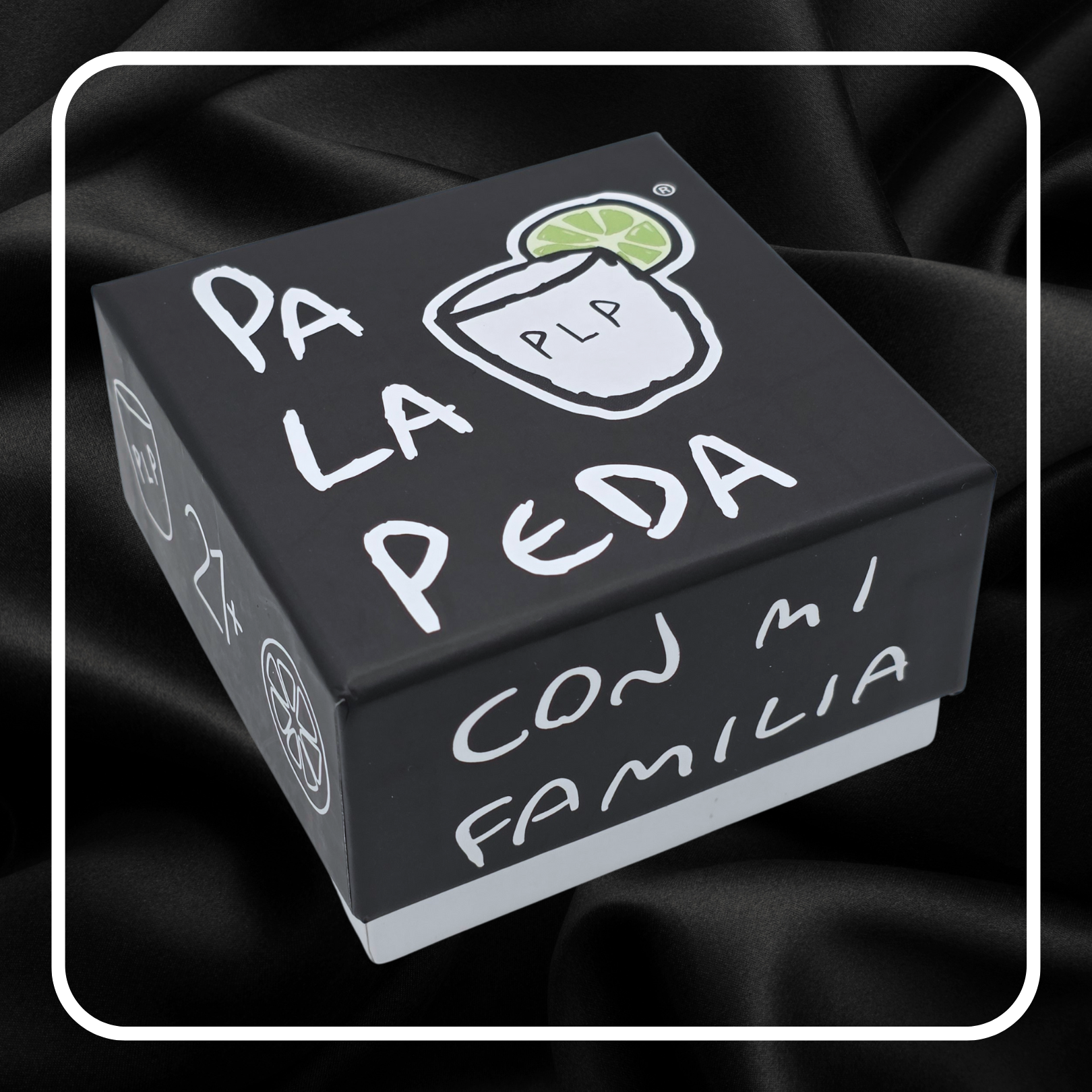 Black box with white text and a logo on a black background
