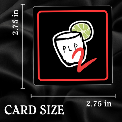 Card size measurement with a logo featuring a glass and lime on a black background