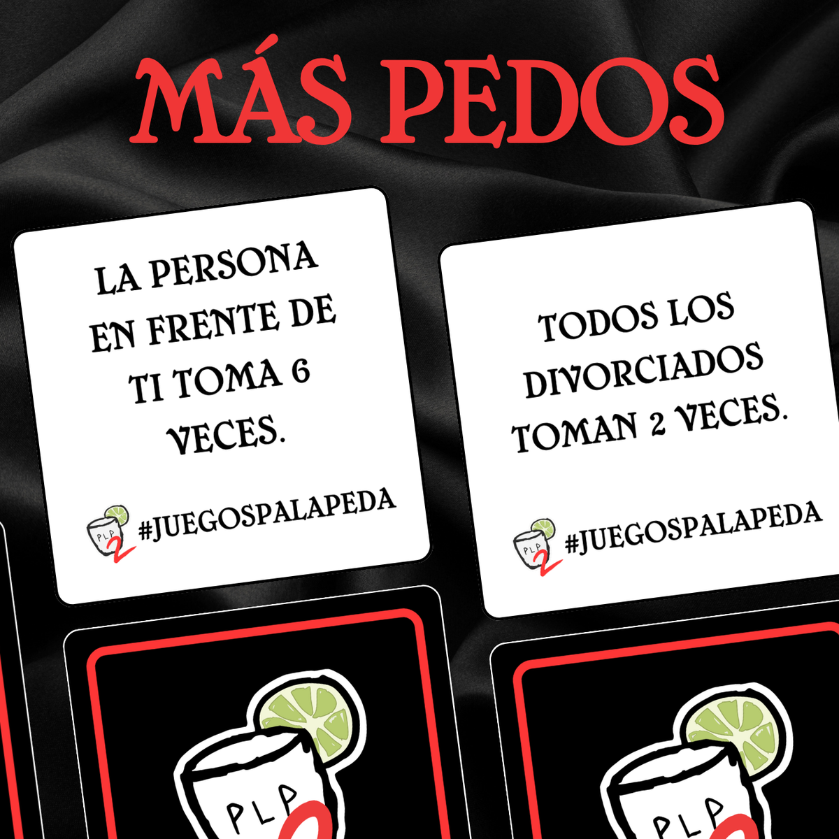 Playing cards with humorous text and a logo on a black background