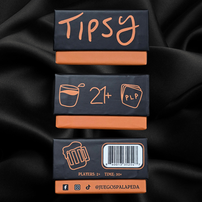 Three 'Tipsy' product boxes with branding and design elements on a black fabric background.