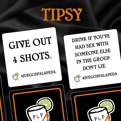 Playing cards with humorous text and a logo on a black background