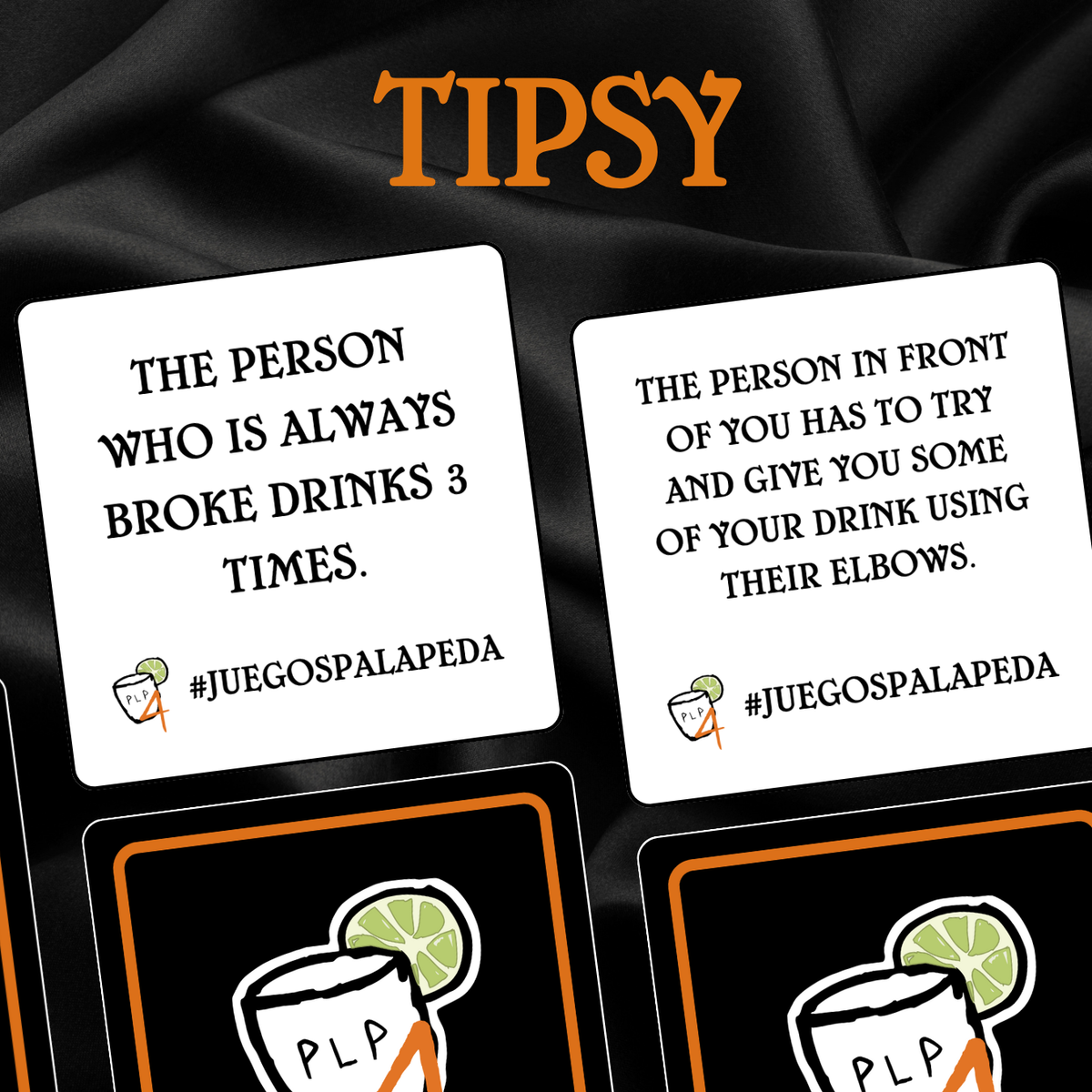 Playing cards with humorous sayings on a black background, featuring the brand 'Tipsy'.