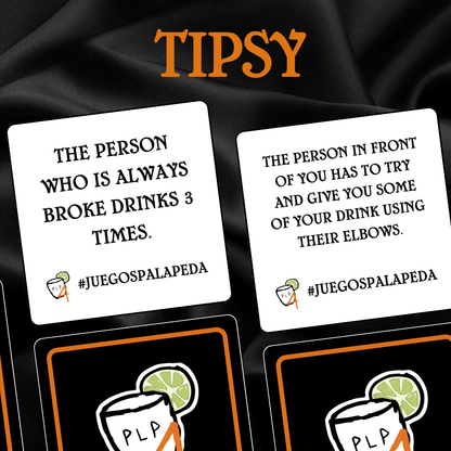 Playing cards with humorous sayings on a black background, featuring the brand 'Tipsy'.