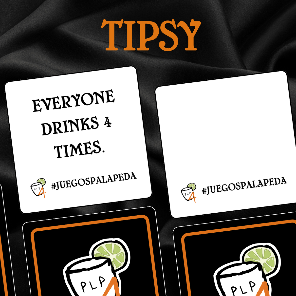Playing cards with humorous text and a logo on a black fabric background, featuring the brand 'Tipsy'.