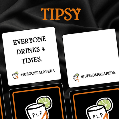Playing cards with humorous text and a logo on a black fabric background, featuring the brand 'Tipsy'.