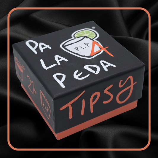 Black box with 'Pa La Peda Tipsy' text and logo on a black background