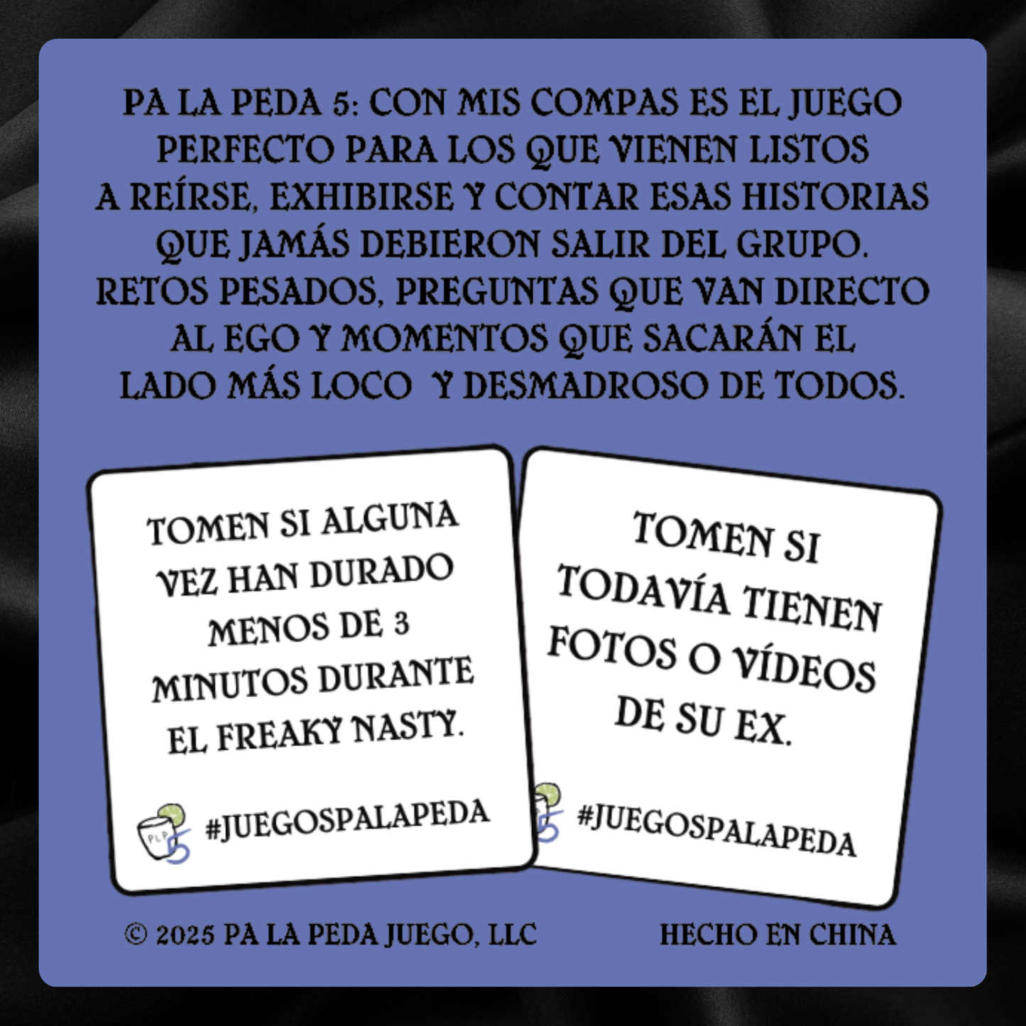 Card with text and two white cards on a blue background, featuring the brand 'PA LA PEDA'.