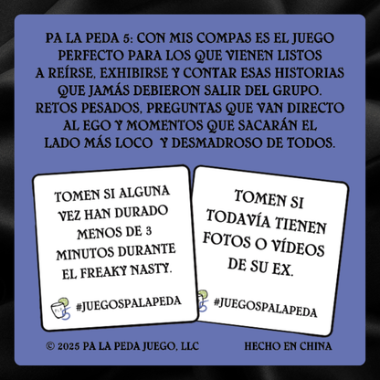 Card with text and two white cards on a blue background, featuring the brand 'PA LA PEDA'.