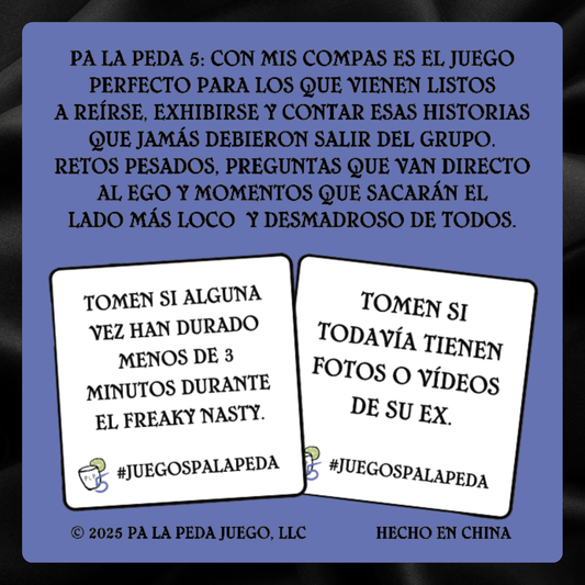 Card with text and two white cards on a blue background, featuring the brand 'PA LA PEDA'.