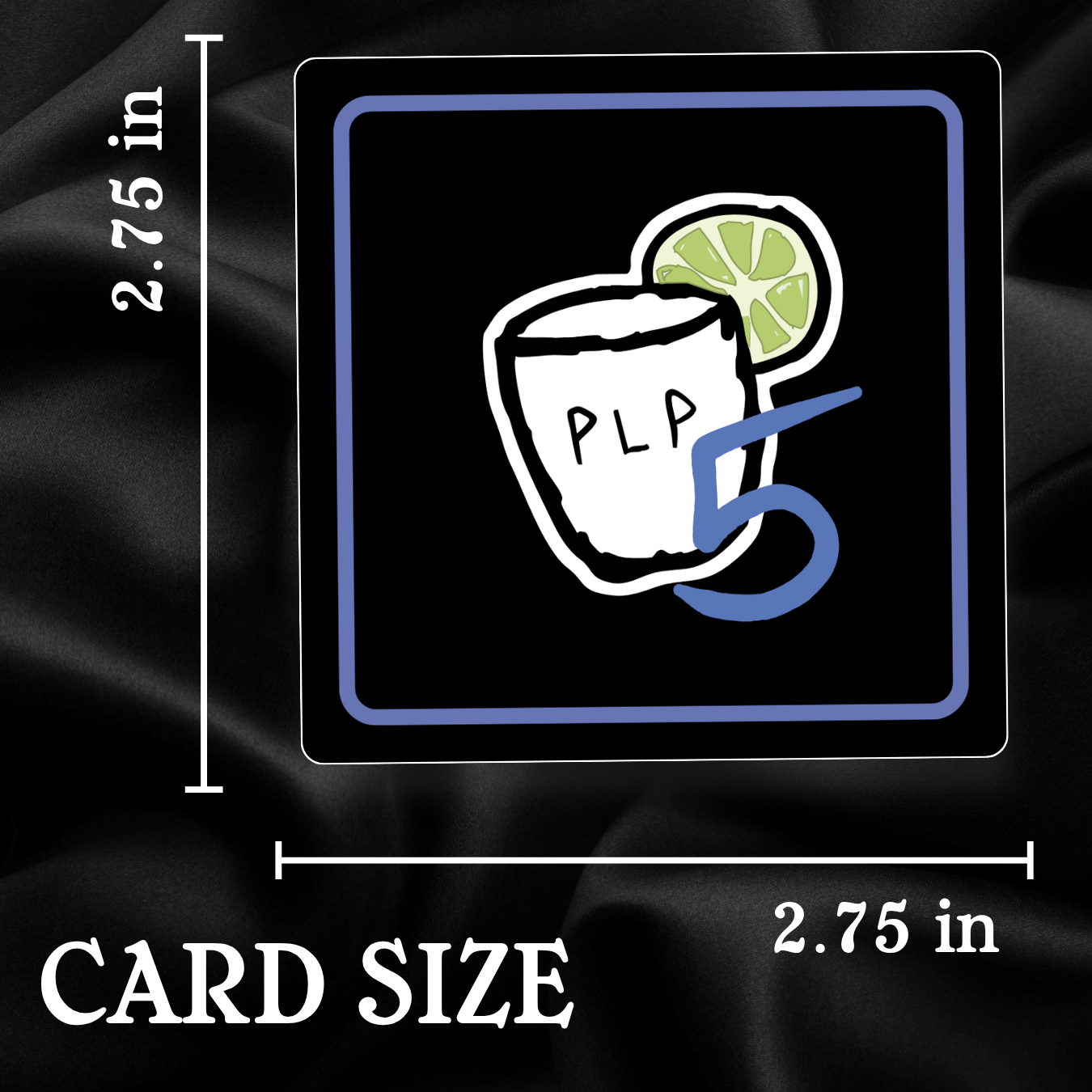 Card size measurement with a graphic of a margarita and lime on a black background