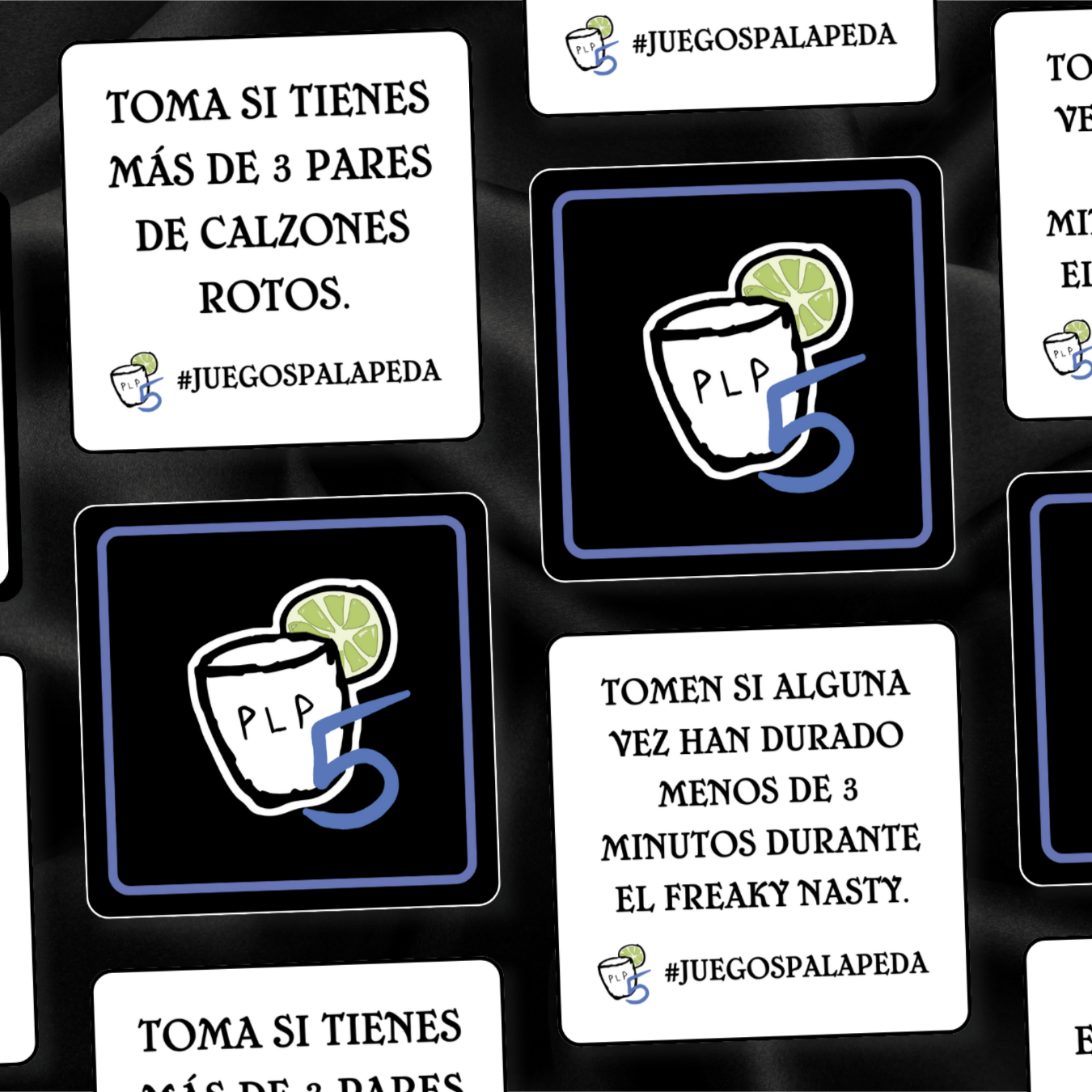Set of cards with tequila shots and lime wedges, featuring text and branding on a dark background.
