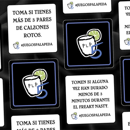 Set of cards with tequila shots and lime wedges, featuring text and branding on a dark background.