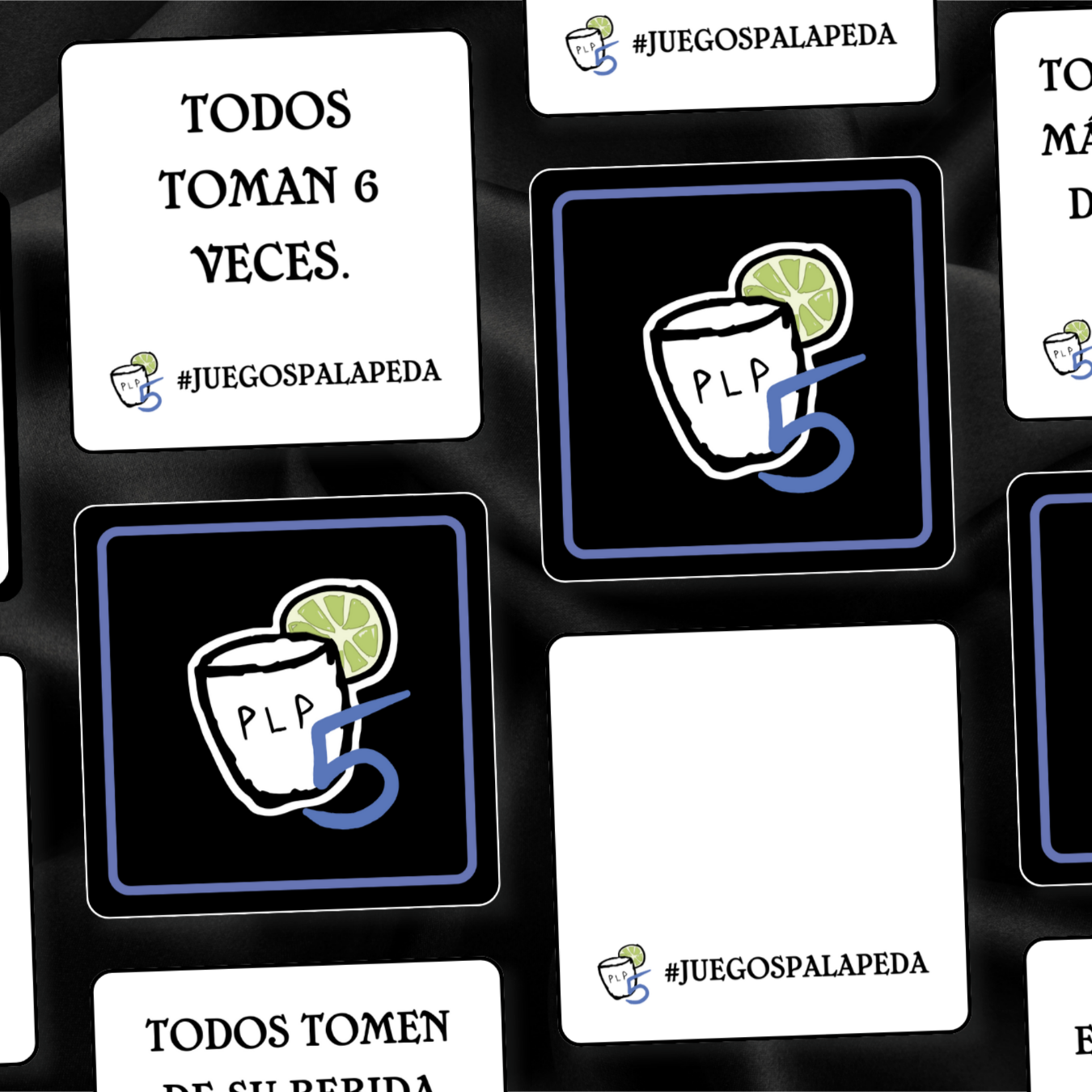 Playing cards with tequila shot graphic and text on a black background