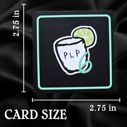 Card with a design of a shot glass and lime, labeled 'PLP', on a black background with dimensions indicated.