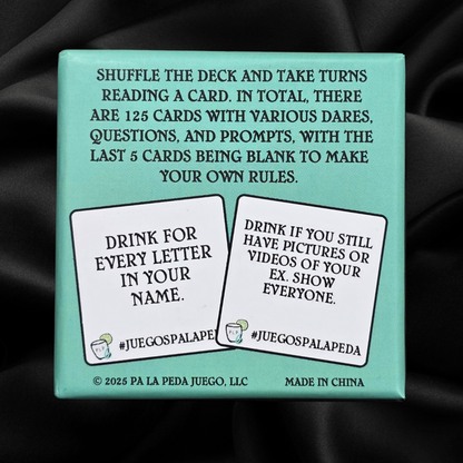 Card game packaging with text and two cards displayed on a black background