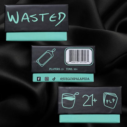 Black and teal game boxes with 'WASTED' text and barcodes on a black fabric background