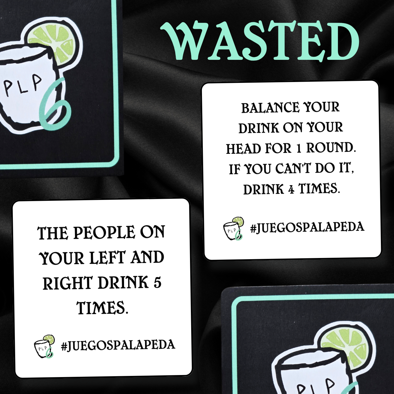 Playing cards with humorous drinking game instructions on a black background