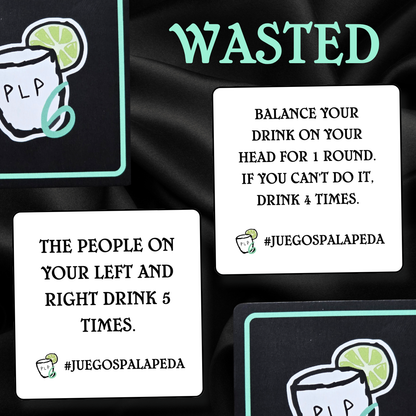 Playing cards with humorous drinking game instructions on a black background