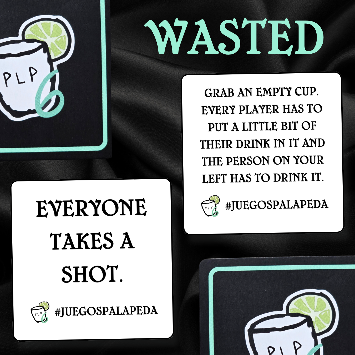 Playing cards with text and graphics on a dark background