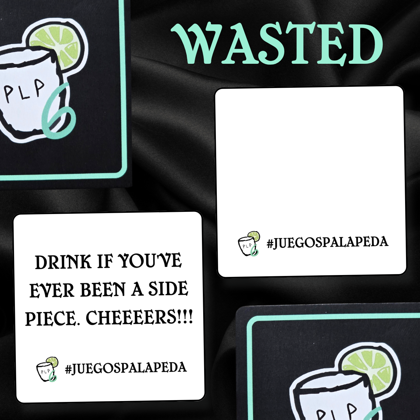 Playing cards with humorous text and graphics on a dark background