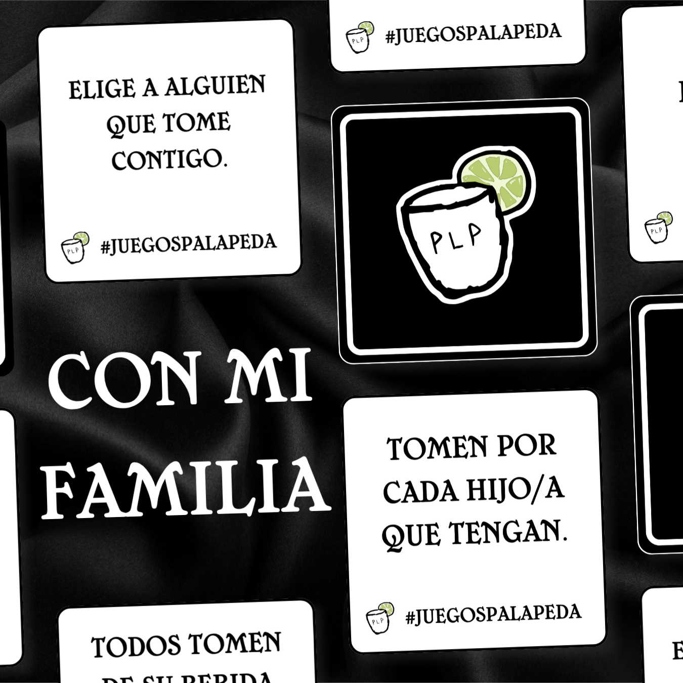 Playing cards with text and a logo on a black background